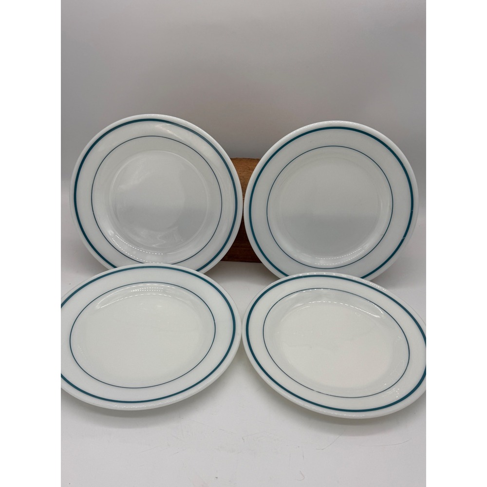 Anchor Hocking Fire King 350 Milk Glass Blue Bands Oval Plates 9" Set of 4 VTG
